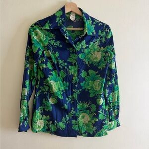 Navy Floral Button-Down Shirt with Green Print